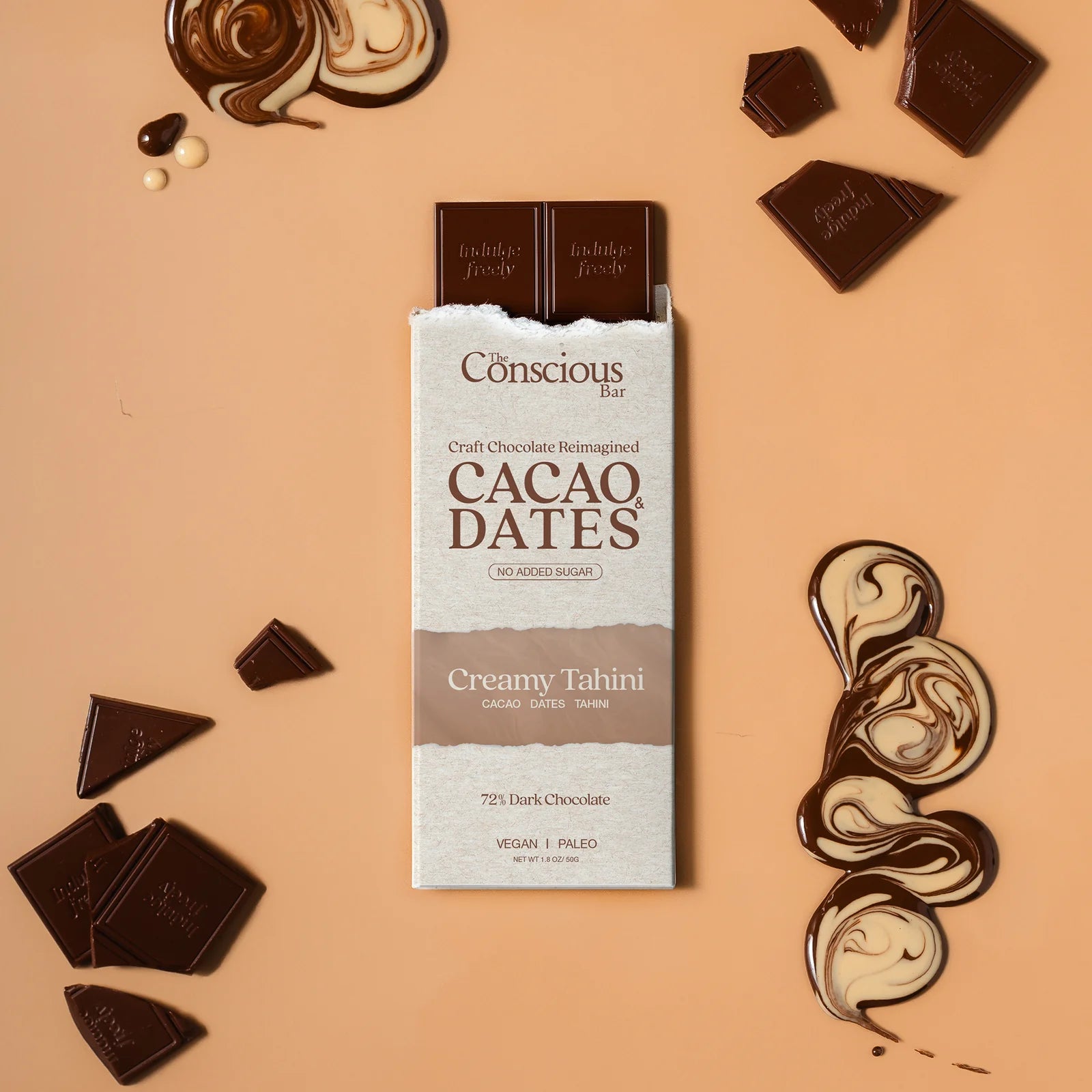 Cacao Dates chocolate bar packaging with chocolate pieces on a beige background